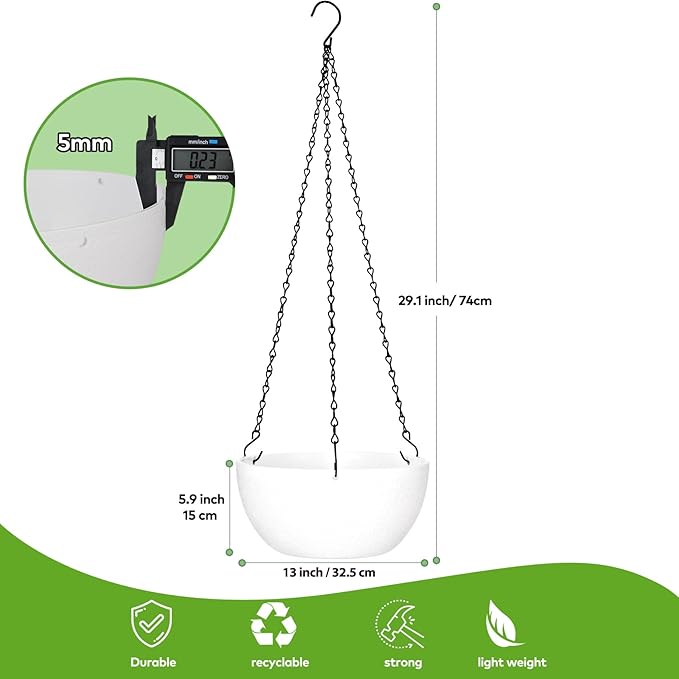 13 inch Hanging Planters for Indoor Outdoor Plants, 2 Pack Hanging Pots with Drainage Holes and Chain, Plastic Hanging Plant Pots for Garden Home Decor, White
