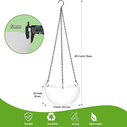 13 inch Hanging Planters for Indoor Outdoor Plants, 2 Pack Hanging Pots with Drainage Holes and Chain, Plastic Hanging Plant Pots for Garden Home Decor, White