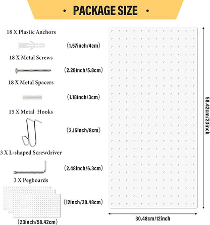 DEWEL Wall Organizer Peg Board, 3Pcs Metal Pegboard Panels with Hooks, 23" x 12" Heavy Duty Pegboard Wall Organizer for Workbench, Workshop, Office, Craft Room (3pcs white)