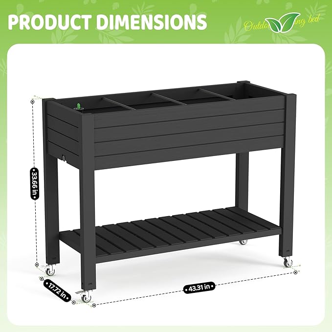 Vixzen Raised Garden Bed Outdoor,Reinforced Large Planter Box with Wheels & Storage Shelf,Mobile Planter Bed Box for Backyard, Patio, Balcony (Black, 21Gal（43.31"×17.72"×33.66"）)