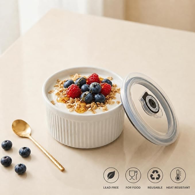 14 oz Ceramic Ramekins with Lids, Set of 4 Oven Safe Porcelain Creme Brulee Ramekins for Baking, Souffle, Pudding, Dessert, Dip, Leftovers & Food Storage, (White)