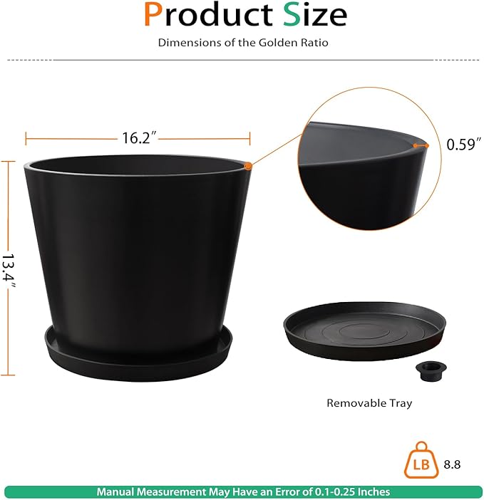 Wide Planters for Outdoor Plants, Extra Large Indoor Flower Pots for Garden, Front Porch, Patio - Round Resin Planter Set of 2 (Black, 16 inch - 2 Pack with Saucers)