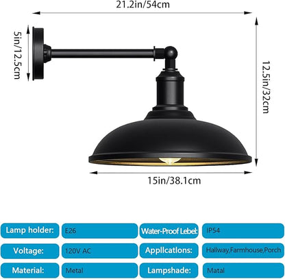 15" Classic Farmhouse Barn Gooseneck Light, Waterproof and Rust-Resistant Barn Light, Large Wall-Mounted Lighting Fixture for Porches, Garages, Patios and Farmhouses 2-Pack