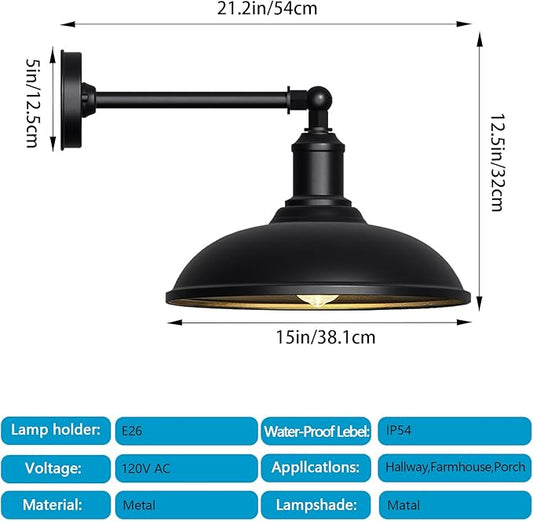 15" Classic Farmhouse Barn Gooseneck Light, Waterproof and Rust-Resistant Barn Light, Large Wall-Mounted Lighting Fixture for Porches, Garages, Patios and Farmhouses 2-Pack