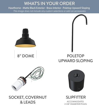 Steel Lighting Co. Hawthorne Light | Outdoor Pole Top Mounted | 8" Dome | Upslope Gooseneck with Slip Fitter for 2-3/8" Standard Poles | Made in America | Matte Black Exterior/Brass Interior
