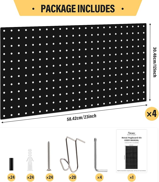 DEWEL Peg Board, 23" x 12" Metal Pegboard Wall Organizer Kit, 4 Pack Pegboard Panels with 20 Hooks,Black Pegboard Tool Wall Organizer System for Garage and Garden(4pcs black)