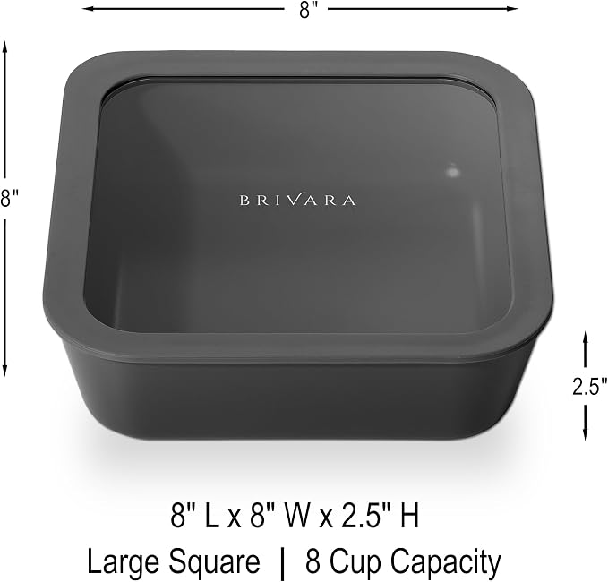 Glass Food Storage Container with Lid, 8-Cup Large Square | Microwave-Safe Airtight Lid, Oven-Safe Ceramic-Coated Glass | Zero Plastic, No PFAS/PFOA/BPA, Reusable [Onyx]