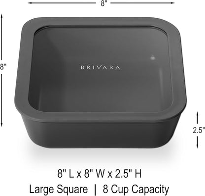 Glass Food Storage Container with Lid, 8-Cup Large Square | Microwave-Safe Airtight Lid, Oven-Safe Ceramic-Coated Glass | Zero Plastic, No PFAS/PFOA/BPA, Reusable [Onyx]