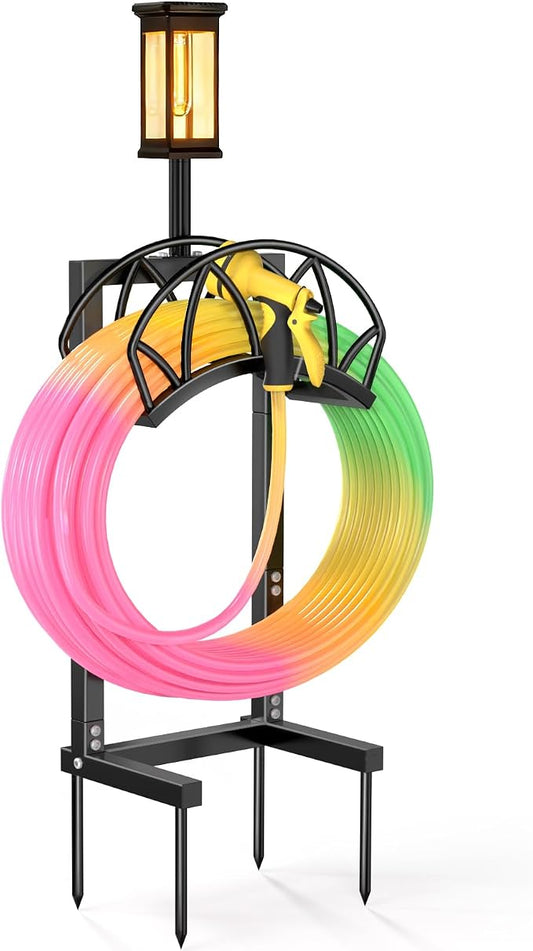 HZE Garden Hose Holder, Freestanding Water Hose Reel Stand for Outside with Solar Light, Heavy Duty Detachable Metal Storage Rack Holds 160 FT for Yard Lawn Farm, Black