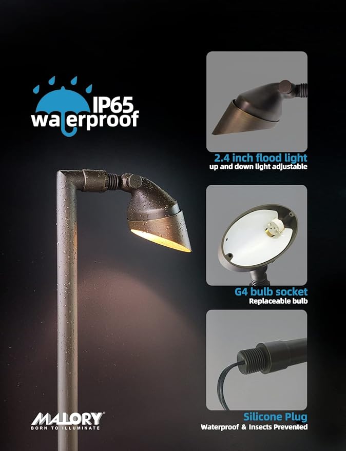 MALORY Low Voltage Landscape Path Light 4-Pack with Bulb,(24''H) 12V Brass Pathway Lights,Outdoor Garden Lights with 2W 2700K LED G4 Bulb for Yard Lawn, Patio, Walkway and Driveway(P06)