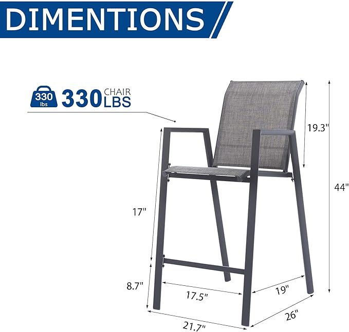 Outdoor Bar Stools Set of 6, 44'' Patio Bar Chairs with Textile High Back, Bar Height Chairs with Straight Armrest and Footrest, Grey