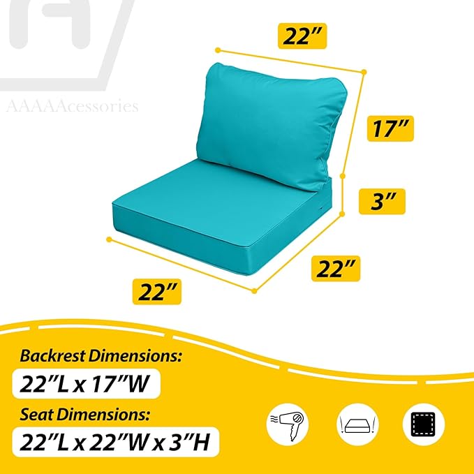 AAAAAcessories Outdoor Seat Cushions for Chairs, Fade-Resistant, Waterproof Patio Furniture Replacement Cushions, 22" x 22" x 3" + 22" x 17", Turquoise Blue
