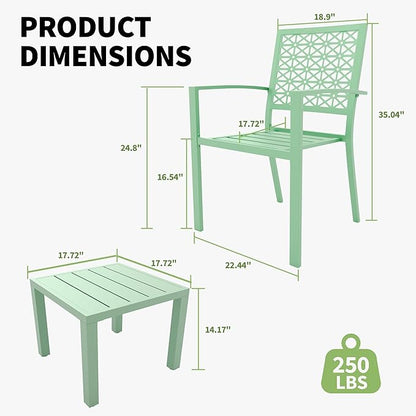 GarveeTech 3 PCS Outdoor Bistro Set, Stackable Modern Metal Steel Table and Chairs, Small Patio Furniture Conversation Set for Porch, Deck, Balcony, Garden, Geometric Decor - Mint Green
