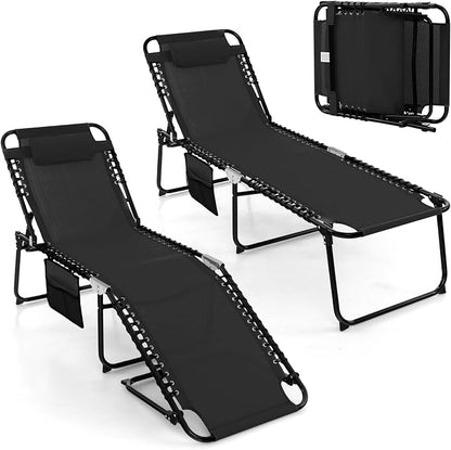 Tangkula Beach Lounge Chair for Outside, Folding Chaise Lounge Outdoor with 4-Position Backrest, Removable Headrest and Side Pocket, Portable Sunbathing Tanning Chair for Patio, Poolside (2, Black)