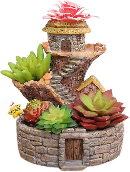Segreto Creative Retro Tree House Plants Pot Flower Pots with Drainage Holes Resin Planters Vase Home Decor for Succulents, Flower, Cactus, Gardening Decoration,Indoor(Stone House)