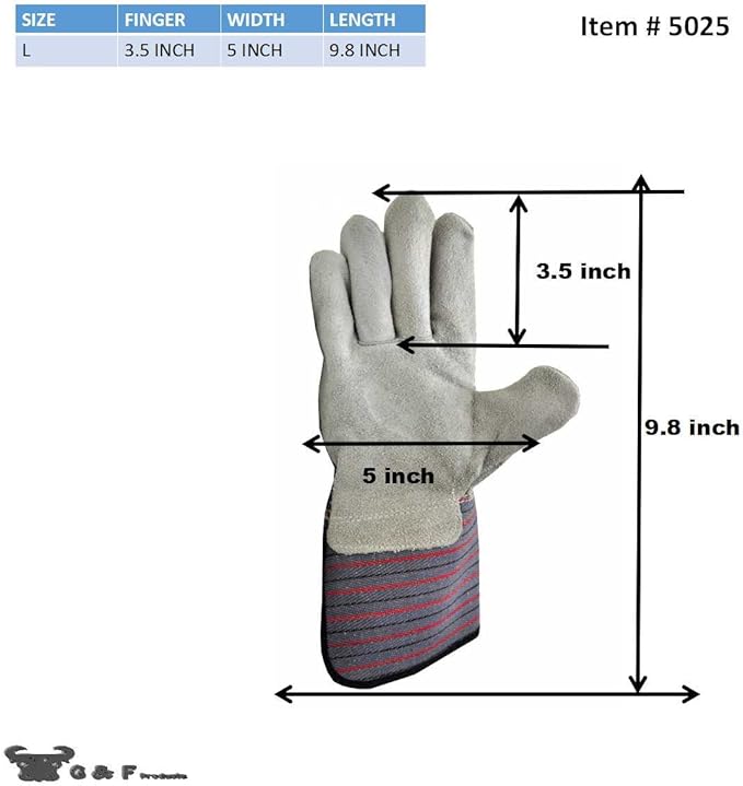 G & F PRODUCTS 5025L-5 Premium Suede Leather Work Gloves with Extra Long Rubberized Safety Cuff, 5 Pair Pack (Pack of 10)