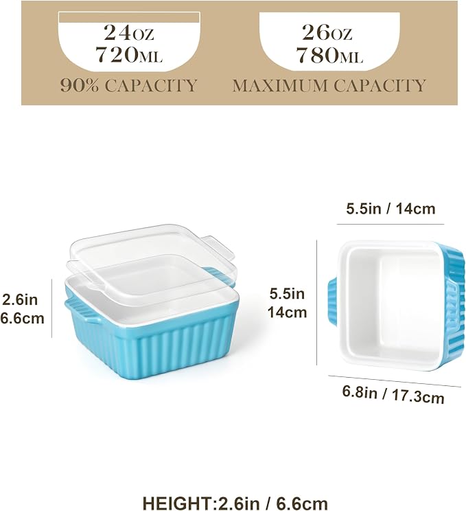 MALACASA Baking Dishes for Oven, Small Ceramic Baking Dishes with Silicone Lids for Individual Portions 5.5" x 5.5" Square Casserole Dishes Set of 2 Oven Microwave, and Air Fryer Safe, Blue