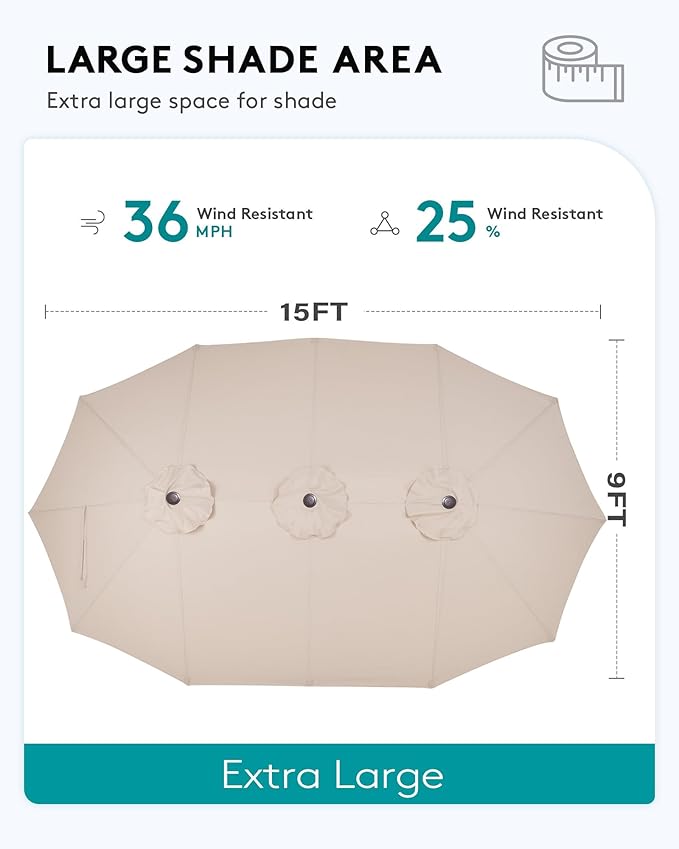 SERWALL 9 Pieces Patio Furniture Set with 15FT Double Side Patio Umbrella, HDPE Outdoor Sectional Sofas, Outdoor Couch Set, Large Modular Conversation Set for Garden, Black Frame with Grey Cushion