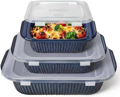 Artena Casserole Dishes For Oven, Ceramic Baking Dish, Large Lasagna Pan With Handles, Baking Pan Casserole Dish, Rectangular Bakeware Deep, Set Of 3 (5.1Qt/2.3Qt/1.1Qt) (Blue, With Lids)
