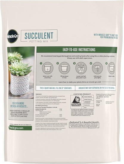 Miracle-Gro Succulent Potting Mix - Fertilized Soil with Premium Nutrition for Indoor Succulents, 4 qt. (2-Pack)