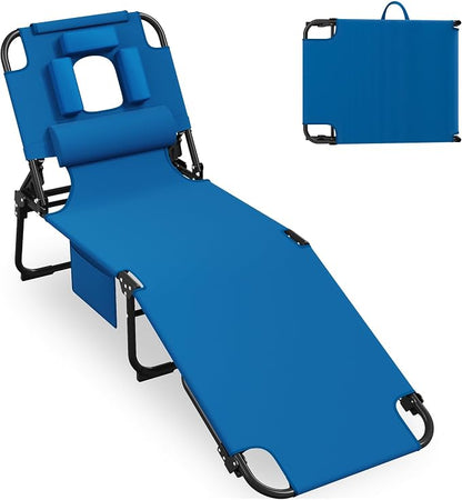 400lbs Tanning Chair with Face Hole, 5-Position Folding Chaise Lounge Chair with Side Pockets, Portable Beach Lounge Chair for Outdoor Sunbathing Patio Pool Lawn, Blue