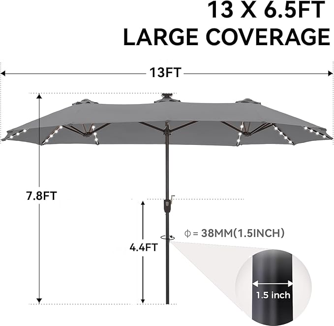 GREEN PARTY 13 ft Rectangle Patio Umbrella with Solar Lights, Double-Sided Market Table Umbrella with Crank, Large Outdoor Umbrellas for Patio Poolside Garden Backyard, Smoky Grey