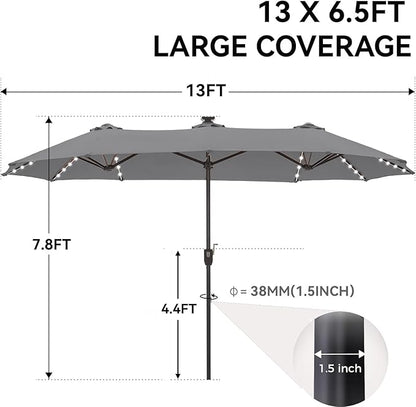 GREEN PARTY 13 ft Rectangle Patio Umbrella with Solar Lights, Double-Sided Market Table Umbrella with Crank, Large Outdoor Umbrellas for Patio Poolside Garden Backyard, Smoky Grey
