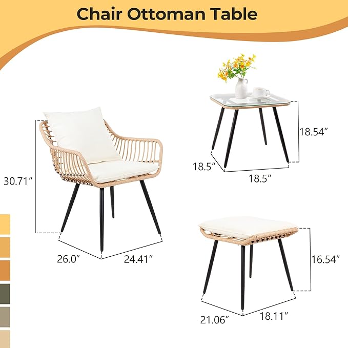 5 Piece Patio Furniture Set, Outdoor Wicker Small Conversation Bistro Set, All-Weather PE Rattan Chairs with Ottoman & Coffee Table, Ideal for Balcony Porch Deck Yard Poolside (Yellow/Beige)