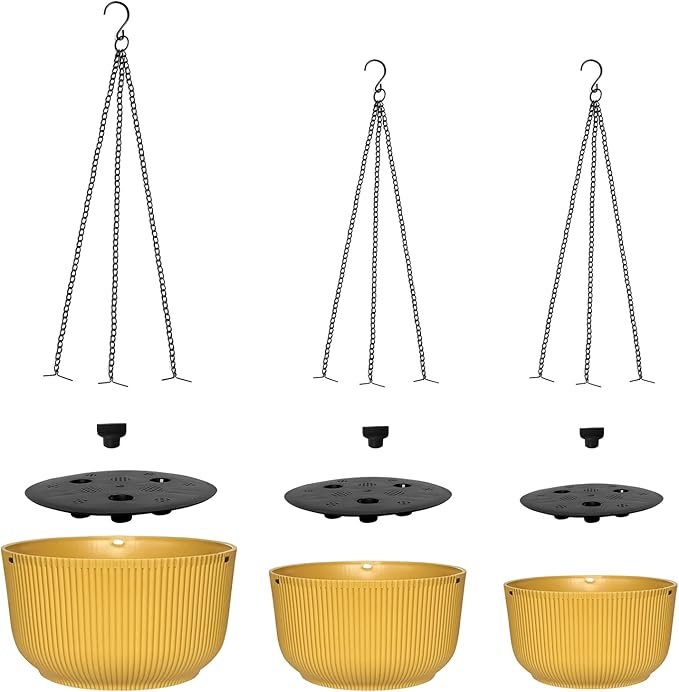 Hanging Planters 9/10/11 Inch for Indoor Plants, 3 Pack Plant Hanger Outdoor with Drainage Holes, Self Watering Hanging Basket Flower Pot for Garden Home Decor, Yellow