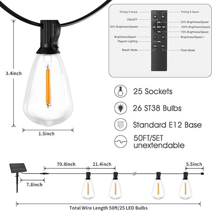 RTTY Solar String Lights Outdoor Waterpoof 50ft with 25pcs Dimmable Shatterproof ST38 Vintage Bulb,Remote Solar Powered Bistro,Cafe & Patio Lights
