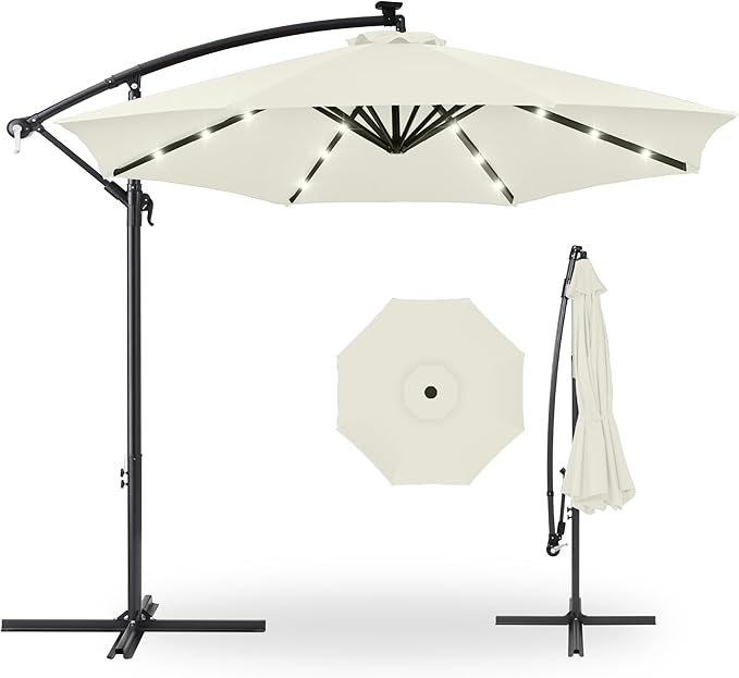 Best Choice Products 10ft Solar LED Offset Hanging Market Patio Umbrella for Backyard, Poolside, Lawn and Garden w/Easy Tilt Adjustment, Polyester Shade, 8 Ribs - Ivory