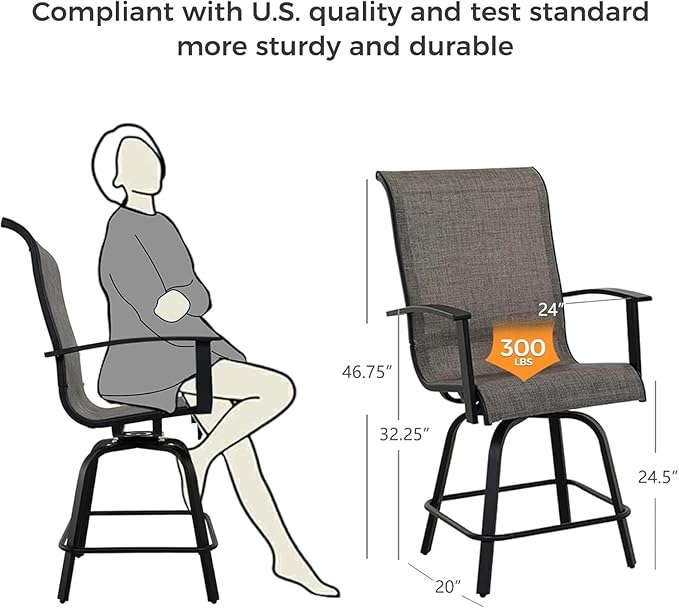 Grand patio Counter Height Swivel Bar Stools Set of 6, 24" Height Patio Bar Chairs for Porch Deck, Outdoor Sling Fabric (Coffee, 6PC)