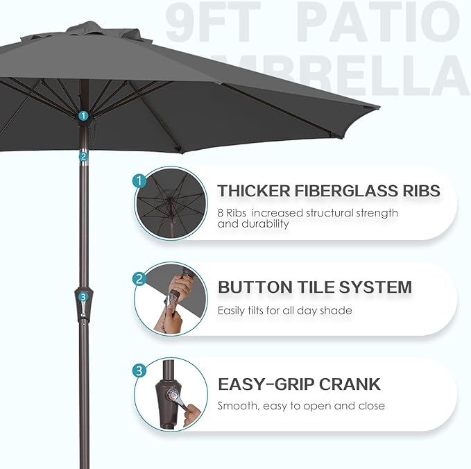PatioKingdom 9FT Patio Outdoor Umbrella-UPF 50+ Sun Shade with Wind Vent, Push-Button Tilt & Smooth Crank Lift, Rust-Resistant Fiberglass Frame for Garden, Backyard,Yard (Gray, 9FT)