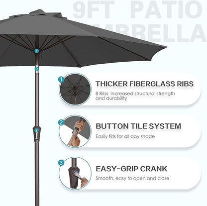 PatioKingdom 9FT Patio Outdoor Umbrella-UPF 50+ Sun Shade with Wind Vent, Push-Button Tilt & Smooth Crank Lift, Rust-Resistant Fiberglass Frame for Garden, Backyard,Yard (Gray, 9FT)
