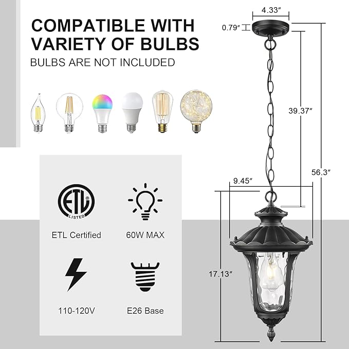 Outdoor Pendant Light for Porch, Exterior Hanging Lantern Outdoor Chandelier in Black Finish for Entryway, Doorway, Farmhouse, Foyer