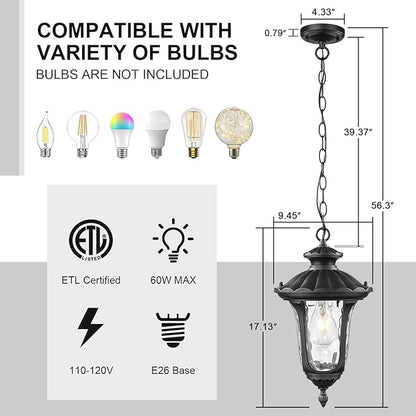 Outdoor Pendant Light for Porch, Exterior Hanging Lantern Outdoor Chandelier in Black Finish for Entryway, Doorway, Farmhouse, Foyer