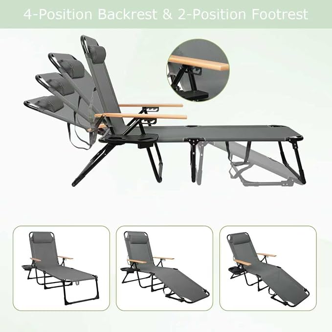 Folding Lounge Chair with Canopy, Tanning Chair with 4-Position Reclining Back, Folding Sun Lounger, Outdoor Lounge Chair for Beach, Poolside, Backyard, Camping, UPF 50+ Sun Shade, 300 LBS