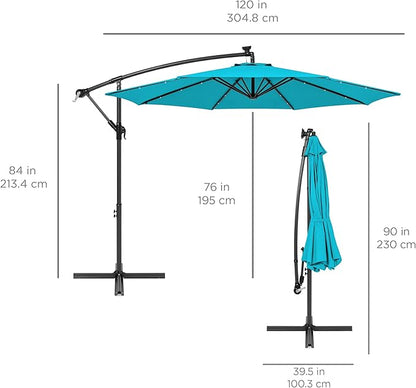 Best Choice Products 10ft Solar LED Offset Hanging Market Patio Umbrella for Backyard, Poolside, Lawn and Garden w/Easy Tilt Adjustment, Polyester Shade, 8 Ribs - Sky Blue