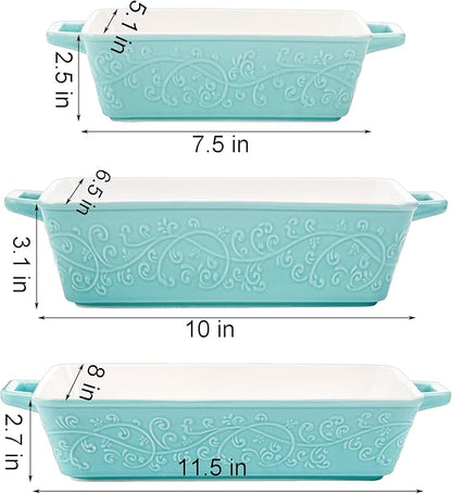 Okllen Set of 3 Casserole Dishes for Oven, Ceramic Baking Dishes with Handles, Rectangular Lasagna Pan Bakeware Set for Baking Cooking, Roasting, Broiling, Gratin, Wedding & Housewarming Gift, Blue
