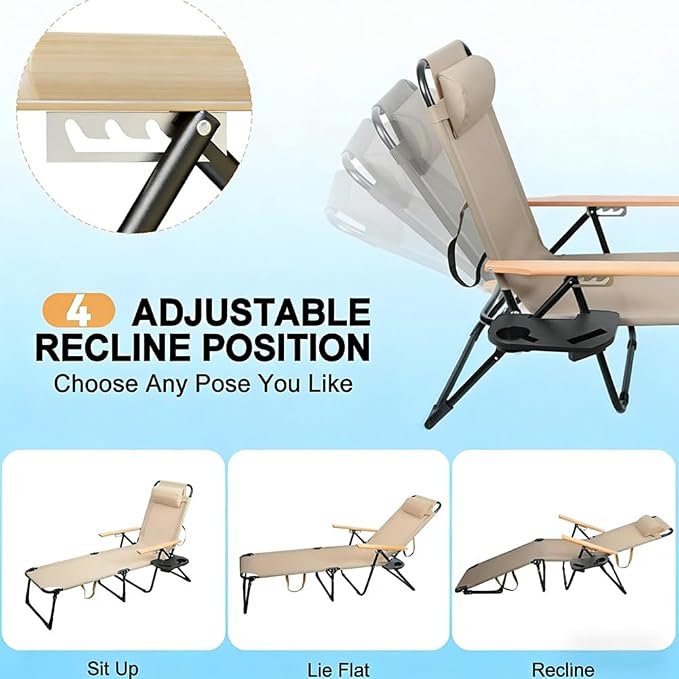 Folding Lounge Chair with Adjustable Canopy, Portable Sun Lounger with 4-Position Reclining Back, Outdoor Chaise Lounge with Arms, Tanning Chair for Beach Poolside Backyard Camping, 440LBS (Beige B)