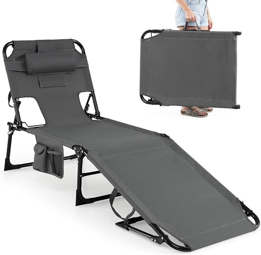 GYMAX Tanning Chair with Face Hole, Sun Bathing Lounge Chairs for Outside with Side Pocket, Folding Portable Face Down Layout Tanning Chair Beach, Backyard, Poolside, Lawn (Grey,1)