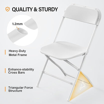 VINGLI 2 Pack White Plastic Folding Chair, Indoor Outdoor Portable Stackable Commercial Seat with Steel Frame 350lb. Capacity for Events Office Wedding Party Picnic Kitchen Dining