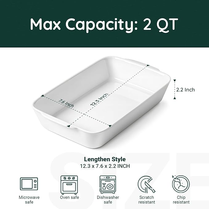 HOMBENE 2 QT Small Ceramic Baking Dish, White Casserole Dish with Roasting Racks, Lasagna Pan for Oven, Ceramic Baking Pan, Kitchen Decor, Microwave Oven Safe, Dinner, Wedding (7.6" x 12.3")