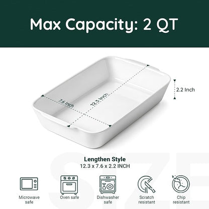 HOMBENE 2 QT Small Ceramic Baking Dish, White Casserole Dish with Roasting Racks, Lasagna Pan for Oven, Ceramic Baking Pan, Kitchen Decor, Microwave Oven Safe, Dinner, Wedding (7.6" x 12.3")