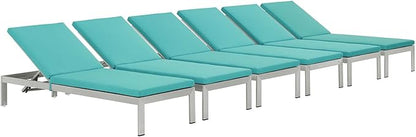 Modway Shore 6 Piece Outdoor Patio Aluminum Chaise with Cushions in Silver Turquoise