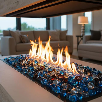 Mr. Fireglass 10 Pounds Blended Fire Glass Diamonds for Fireplace Fire Pit & Lanscaping - 1 inch High Luster Fire Rocks with Mixed Colors (Caribbean Blue+Crystal Ice+Amber)