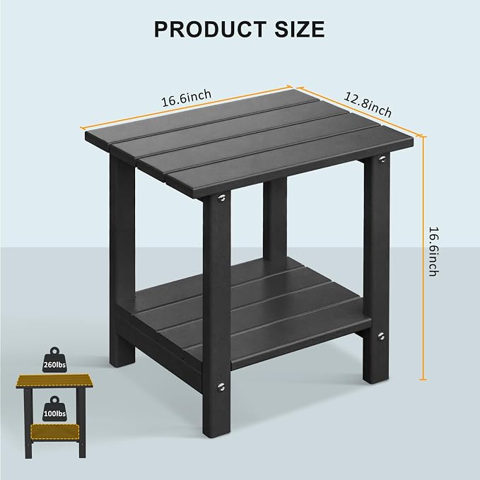 Adirondack Outdoor Side Table, 16.6" Small Patio End Table, 2-Tier HDPE Plastic Table for Poolside Porch Garden, Weather Resistant & Easy Assembly (Black, Rectangle)