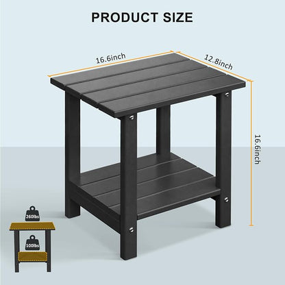 Adirondack Outdoor Side Table, 16.6" Small Patio End Table, 2-Tier HDPE Plastic Table for Poolside Porch Garden, Weather Resistant & Easy Assembly (Black, Rectangle)