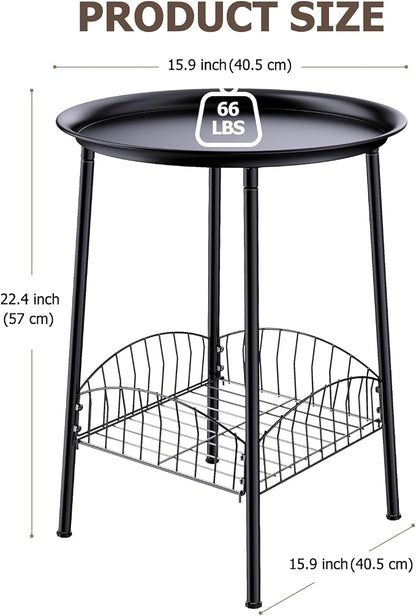 Small Outdoor Side Table, 2-Tier Round Metal Patio Table, Accent Table Waterproof, Weather Resistant End Table for Yard Porch Pool Balcony Garden Bedside (Black)