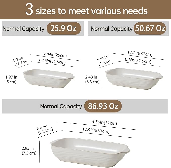 Baking Dish for Oven, Ceramic Casserole Dishes Set for 3, Rectangular Lasagna Pan Deep, Baking Pans with Handle, 12.9“/10.8"/8.4" Bakeware Sets for Cake, Casserole, Kitchen Wedding Gifts, Arctic White